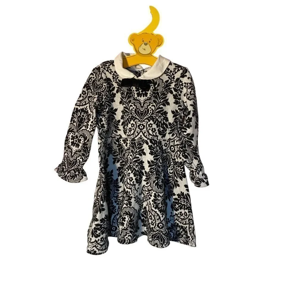 Janie and Jack baby girls, black and white damask print color dress, 18/24 mon